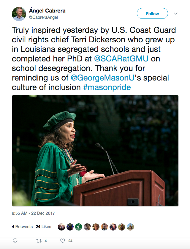 Mason President, Ángel Cabrera, tweets about Terri Dickerson's speech 